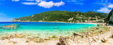 Fototapeta Miasto - Greek summer destinations. Turquoise beautiful beaches  of Lefkada island, Agios Nikitas village .Greece, Ionian islands