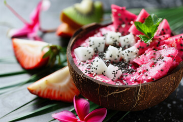 A bowl of pink food with raspberries and mint leaves. The bowl is made of coconut