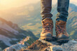Close-Up of Hiking Boots on a Mountain Peak at Sunset