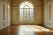 Bright sunlight filters through elegant windows onto the parquet floor, highlighting the luxurious interior design.