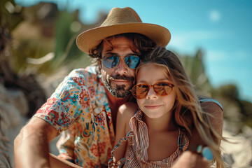 Wall Mural - Portrait of latin father and daughter outdoors on a summer day. Generative AI.