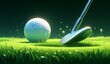 Golf ball and club on the tee box with green grass background banner design, concept for golf sport event 
