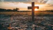 Glowing Wooden Cross Stands Tall Amid Peaceful Countryside Landscape at Sunset