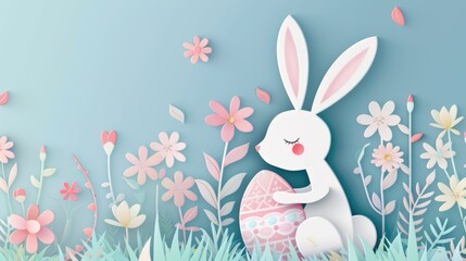 Wall Mural - A paper rabbit is holding a colorful Easter egg and a beautiful flower to celebrate the happy event of Easter. The creative arts of plant and organism adaptation can be seen in this artwork AIG42E