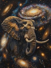 Poster - Majestic Elephant in Cosmic Swirl of Hexagonal Galaxies