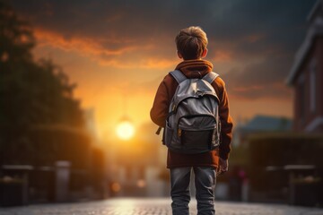 Sticker - Back view of a young boy with a backpack walking towards a sunset in a quiet urban street, symbolizing hope, education, and the journey of growing up.