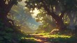Serene and Enchanting Woodland Path in Lush Verdant Forest Bathed in Soft Ethereal Sunlight