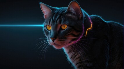 Wall Mural - Luminous Feline  Desktop Wallpaper Showcasing a Cat in Neon Lights Against a Dark Background