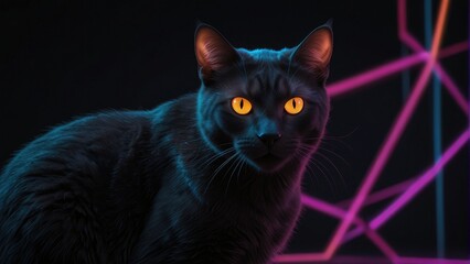 Wall Mural - Luminous Feline  Desktop Wallpaper Showcasing a Cat in Neon Lights Against a Dark Background