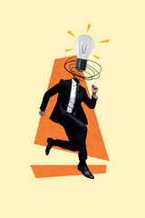 Poster - Vertical photo collage picture running businessman headless person lighbulb lamp eureka smart decision planning solution