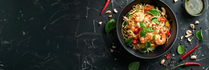Wall Mural - Tantalizing Pad Thai Noodle Dish with Shrimps and Fresh Vegetables on Dark Background with Copy Space