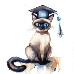 Canvas Print - Whimsical Siamese Cat Graduate in Watercolor Celebrating Education and Accomplishment