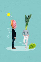 Poster - Collage artwork of weird two people standing together healthy nutrition vitamins vegetables vs unhealthy products