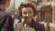 vintage color photograph of a conservative smiling woman with auburn hair collecting money