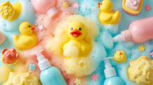 Flat Lay Rubber Duckie, Soap Foam Fun, Kid-Friendly Shampoo Bottles, Soft Hooded Towel In The Left Side Top View, Minimalistic