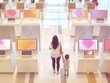 Young Mother and Child at Self-Service Kiosks in Bright Shopping Mall
