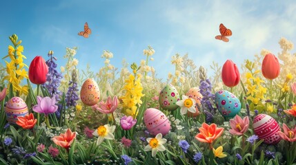 Sticker - Easter eggs rest in the lush grass, encircled by vibrant flowers and a delicate butterfly. The natural landscape is alive with color, creating a picturesque scene in the meadow AIG42E