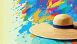 Ein Chapeau vor bunten Farbklecksen. Konzept: Sommer, Urlaub, Freizeit