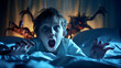 A frightened child in bed with imaginary monsters looming over.
