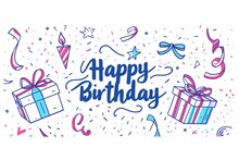 Banner With The Inscription "Happy Birthday" And Gift Box On A White Background Using Minimal Shapes In The Colors Blue, Purple And Red Generative AI