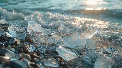 Canvas Print - A bunch of ice pieces on a sandy beach. Suitable for various nature and climate-related projects