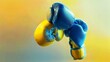 Dynamic blue and yellow boxing gloves suspended in air against gradient backdrop symbolizing combat sports vigor. Perfect for depicting energy, strategy, and the dynamism of martial arts training