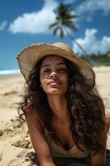 Canvas Print - Woman laying on a beach with a hat, perfect for travel or relaxation concept