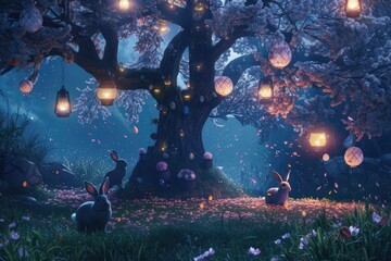 Wall Mural - A rabbit is peacefully resting under a cherry blossom tree in a natural landscape at night, creating a serene and picturesque scene reminiscent of a painting AIG42E