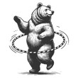 Circus bear skillfully hula hooping, captured in a detailed black and white engraving style sketch engraving generative ai vector illustration. Scratch board imitation. Black and white image.