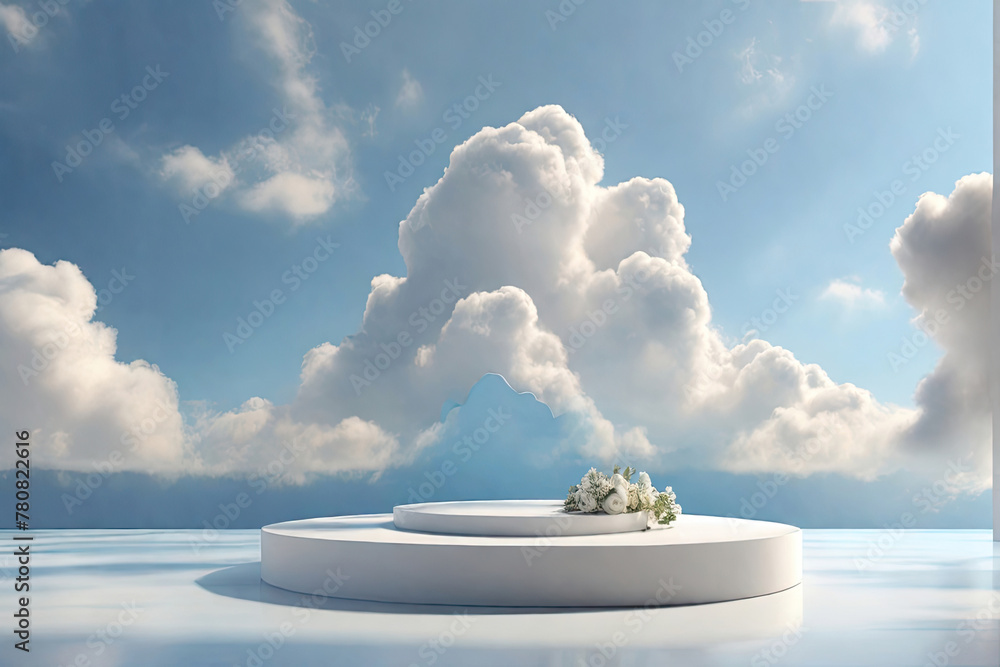 3D rendered podium stand with blue sky above adds a touch of serenity ...