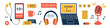 Vector collection of different podcast elements. Podcast recording and listening, broadcasting, radio. Interview and blogging. Trendy set of earphones, microphone, headphones, laptop, phone.