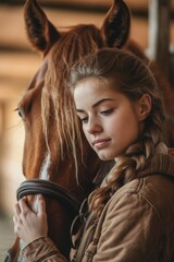 Poster - A young girl holding a horse's bridle. Ideal for equestrian or farm-related designs