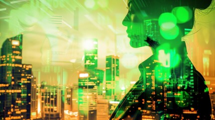 Wall Mural - investor and graph double exposure of businesswoman and beautiful city, green colors, on white background 