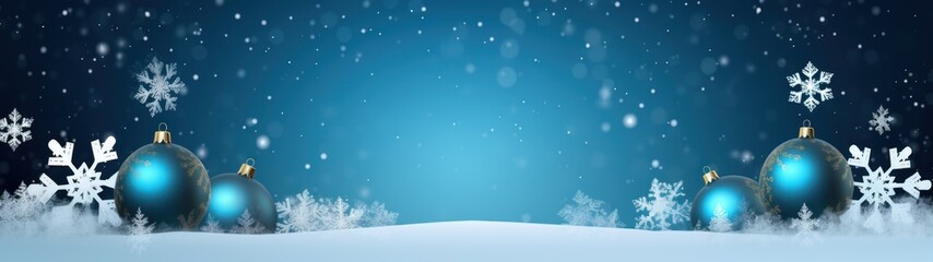 Wall Mural - Christmas banner. Snowflakes are white and of different sizes. The background looks like a snowy landscape with a dark blue sky. The scene takes place against a dark blue background with falling snow.