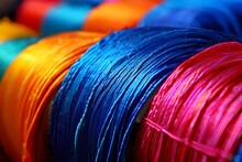 The Image Features Several Colorful Spools Of Thread In A Row. The Spools Are Blue, Red, And Orange.