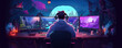 Gamer at computer streaming and commentating game process, tiny people. Video game walkthrough, popular video content, gaming video stream concept. Vector isolated concept creative illustration