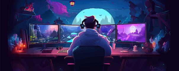 Gamer at computer streaming and commentating game process, tiny people. Video game walkthrough, popular video content, gaming video stream concept. Vector isolated concept creative illustration