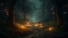 Fantasy Forest At Night, Magic Lights And Fireflies In Fairytale Wood