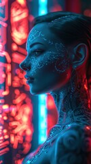 Wall Mural - A woman with tattoos on her face and body looks to the left. She is surrounded by glowing blue and red lights.