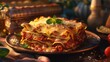 Delicious plate of lasagna on a wooden table, perfect for food blogs or restaurant menus