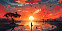 Woman Standing On The Sea Looking At The Summer Sky, Vector Illustration