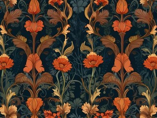 A seamless, Art Nouveau-inspired floral pattern with flowing, organic shapes, generative AI