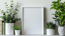 Minimal Composition Featuring A White Square Frame And A Cluster Of Indoor Plants Arranged On A Bookshelf.