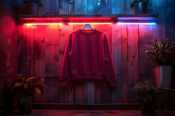 Canvas Print - Black sweatshirt on coat rack with neon wall background mockup. Concept Mockup, Black Sweatshirt, Coat Rack, Neon Wall Background, Product Display