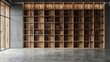 Rendered interior scene featuring a wooden wall bookcase against an empty backdrop, providing a customizable space for design purposes.