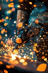 Canvas Print - A person welding metal with sparks flying in the air. Ideal for industrial and manufacturing concepts