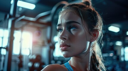 Sticker - A woman wearing a blue tank top in a gym. Perfect for fitness and lifestyle concepts