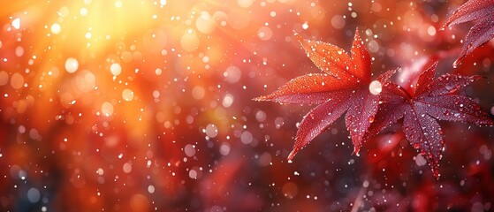 Autumn background with maple leaves and bokeh lights.