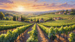 Watercolor scene depicting a lush vineyard at sunset, with rows of grapevines stretching towards the horizon.