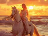 beautiful young woman riding a white horse on the seashore, sunset
